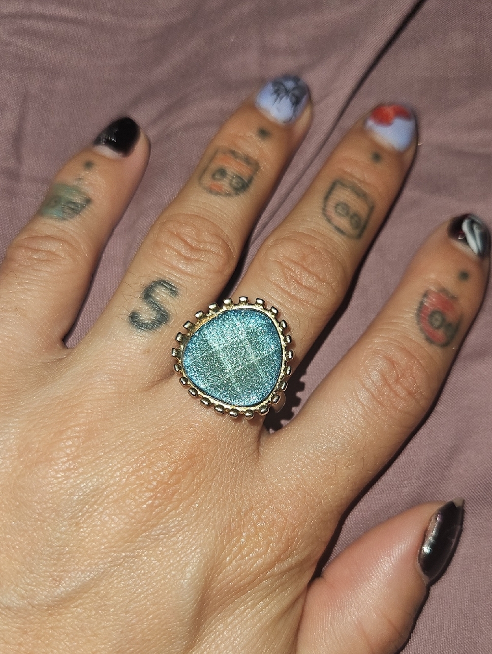 Teardrop Blue Druzy Ring in Gold Beaded Setting